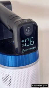 The digital LED smart display on the Shark Stratos cordless vacuum handle showing 90 percent battery life and Clean Sense IQ mode activated