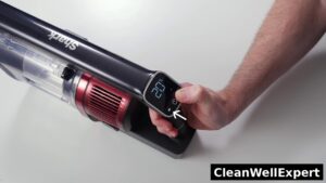 Close-up view of the Shark Vertex Pro IZ662H cordless vacuum digital LED display showing twenty percent battery life remaining